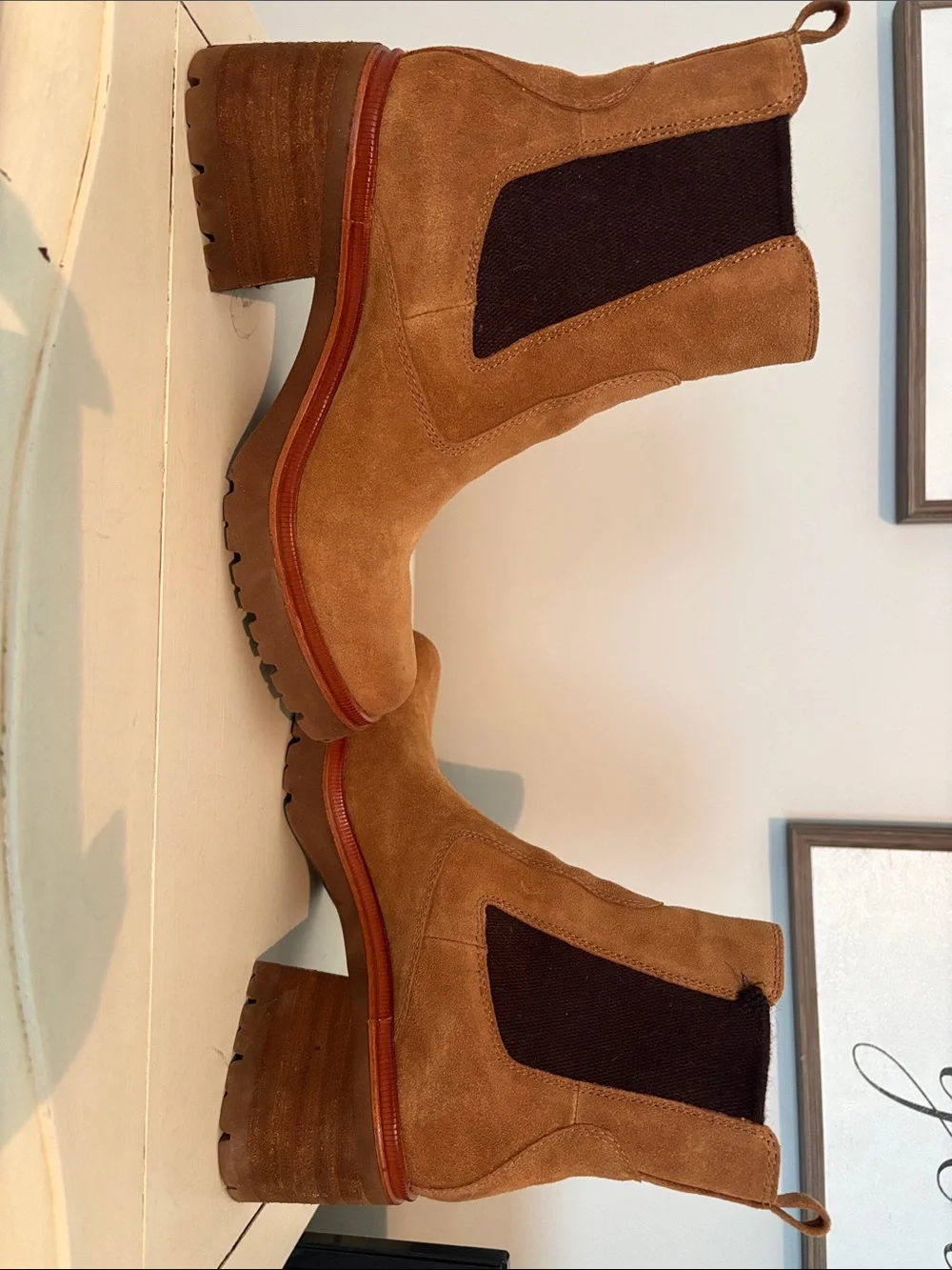 Sofft Cognac Suede Chelsea Booties with Dark Brown Elastic Panels